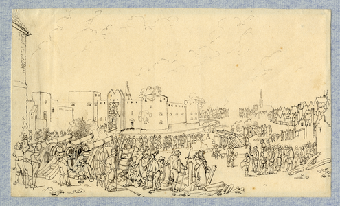 39498 Gezicht op de zuid- en de oostzijde van het kasteel Vredenburg te Utrecht tijdens de belegering (21 december 1576 ...